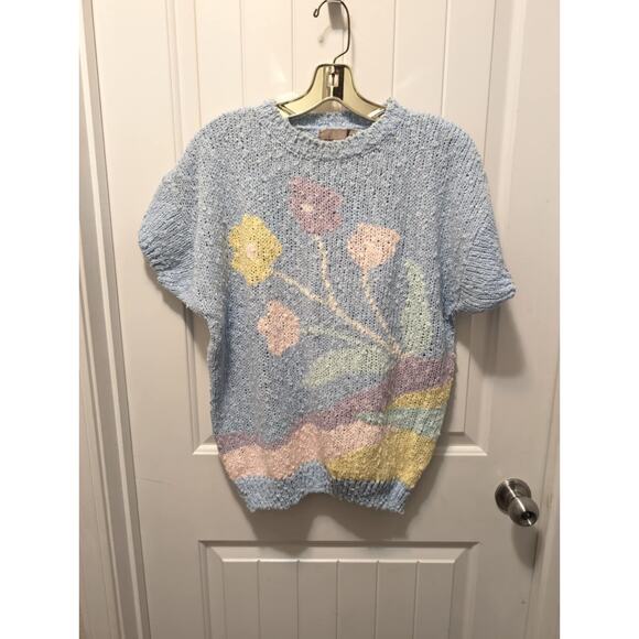 Vintage Sheridan Square Blue Floral Knit Sweater Spring Casual Easter Soft Sz. L - Picture 1 of 6